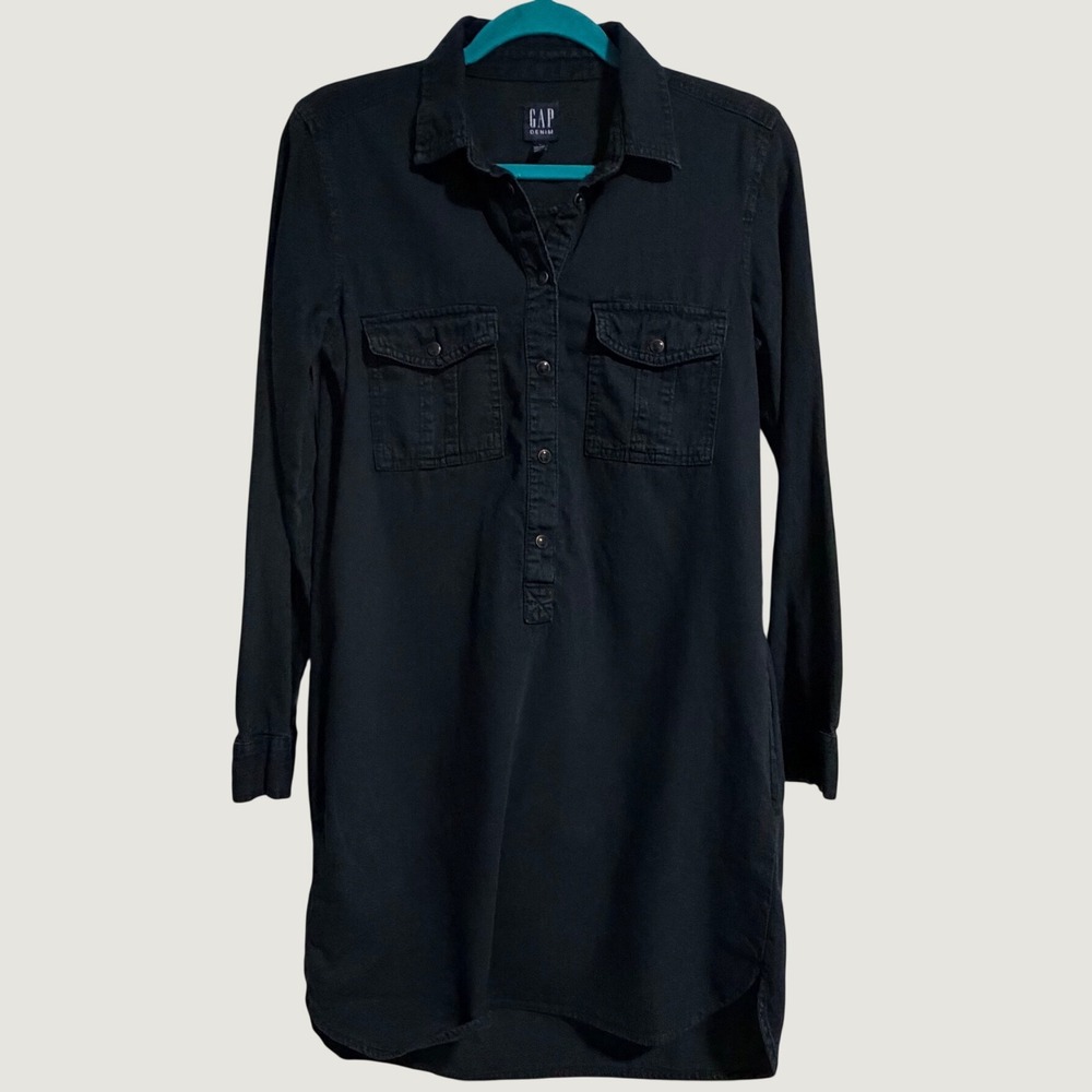 Gap Denim Black Wash Cotton Long Sleeve Button Front Shirt Dress 357951-00 Small